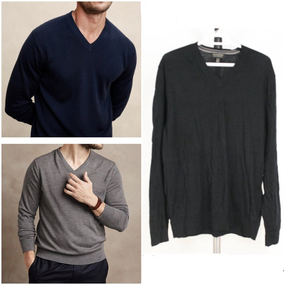 Banana Republic 100% Merino Wool Black V-Neck Knit Pullover Sweater Sz XL Mens‎